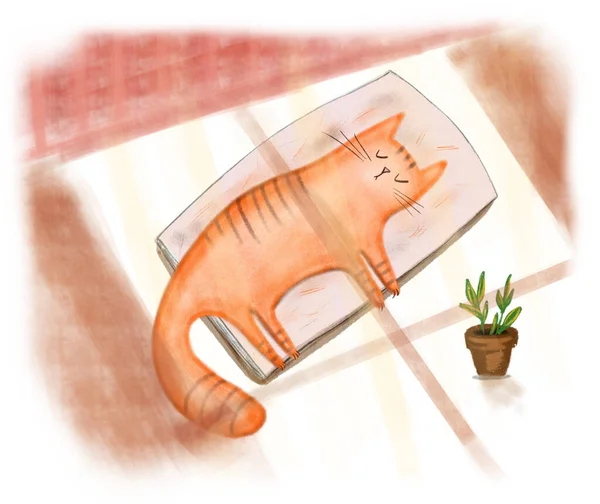 Mignon Chat Roux Dormant Soleil Illustration Numérique Dessinée Main — Photo