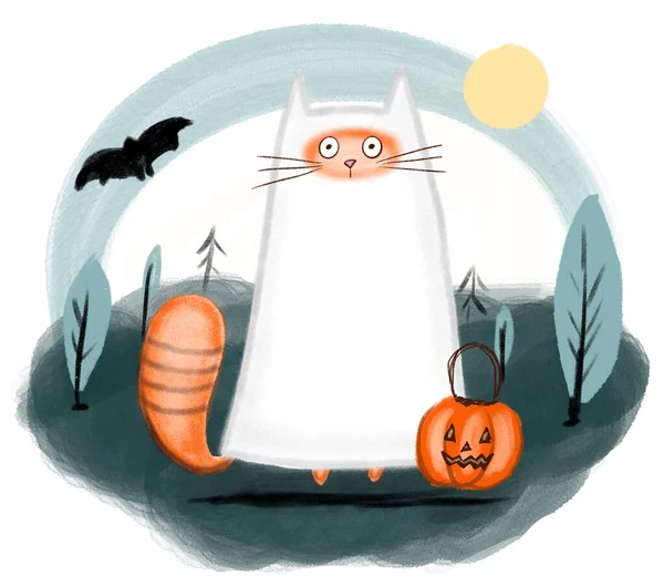 Lindo Gato Jengibre Traje Fantasma Tarjeta Halloween Ilustración Dibujada Mano — Foto de Stock