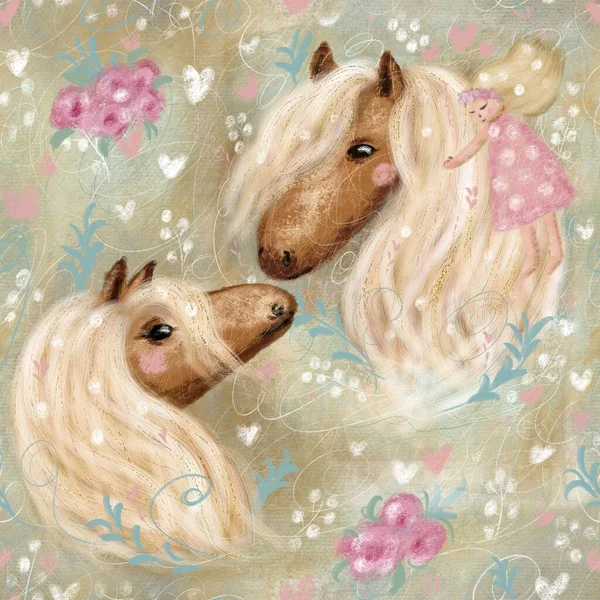 Cute Dreaming Romantic Horses Flowers Little Girl Cute Colorful Seamless — Stockfoto