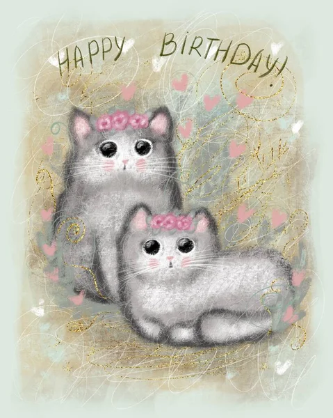 Cute Colorful Card Retro Style Beautiful Fluffy Kitties Pink Flowers — Stock Photo, Image