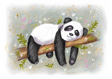 Geçmişe dönük şirin renkli bir kart. Güzel pofuduk panda. Yumuşak yeşil arka planda küçük kalpler ve bitkiler