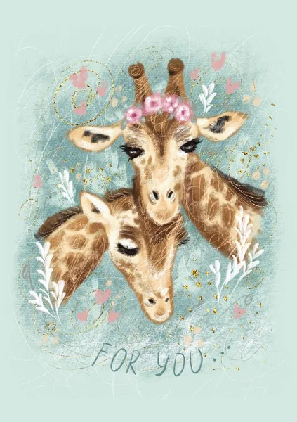 Cute Colorful Card Retro Style Beautiful Spotted Giraffes Inscription You — Stock Photo, Image