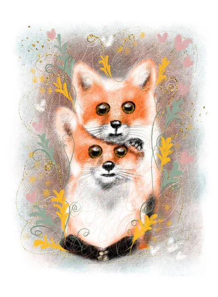 Aranyos Színes Kártya Retro Stílusban Gyönyörű Bolyhos Rókák Puha Narancssárga — Stock Fotó