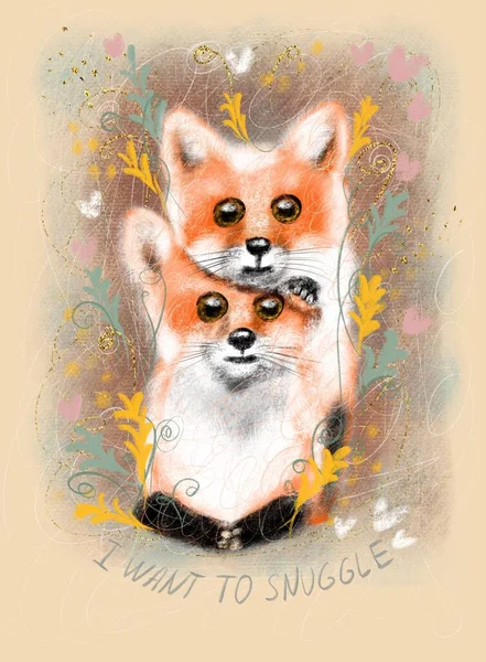 Cute Colorful Card Retro Style Beautiful Fluffy Foxes Inscription Want — Foto de Stock
