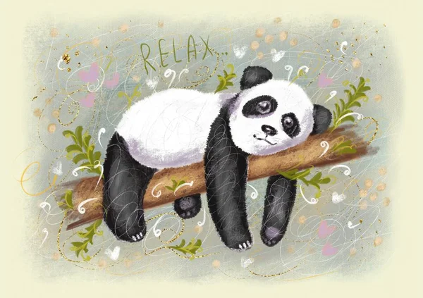 Cute Colorful Card Retro Style Beautiful Fluffy Panda Inscription Relax — Foto de Stock