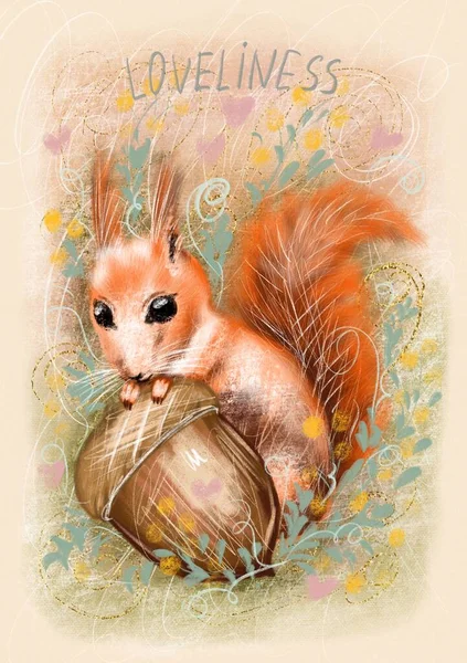 Cute Colorful Card Retro Style Beautiful Fluffy Squirrel Inscription Loveliness — Foto de Stock