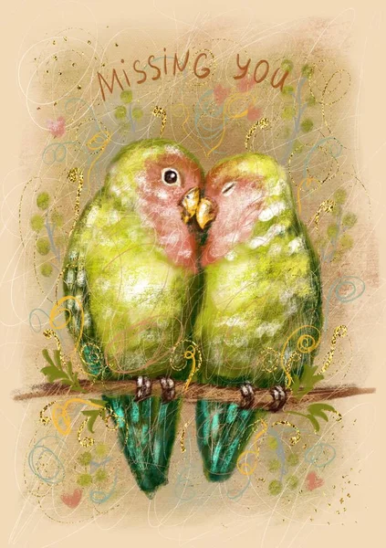 Cute Colorful Card Retro Style Beautiful Lovebirds Parrots Insription Missing — Stock Fotó