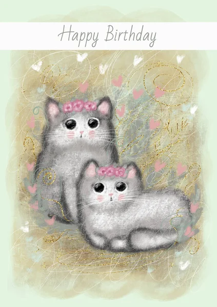 Cute Colorful Illustrations Retro Style Beautiful Fluffy Kitties Pink Flowers — Stock Photo, Image