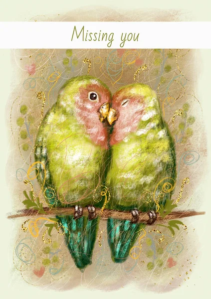Cute Kolorowe Karty Stylu Retro Piękne Papużki Gołąbeczki Miękkim Pomarańczowym — Zdjęcie stockowe