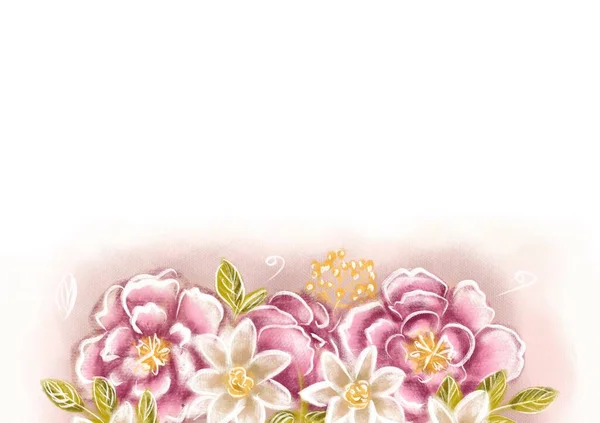 Floral Illustration Frame Flowers Peonies Greeting Card Celebration Wedding — Stock Photo, Image