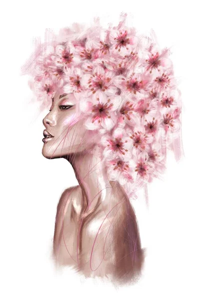 Ładna Młoda Dziewczyna Kwiatami Włosach Ręcznie Rysowane Ilustracji Mody Białym — Zdjęcie stockowe