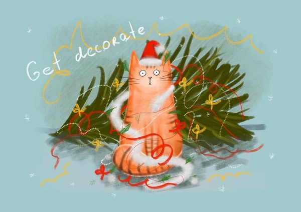 Leuke Gember Kat Kerstboom Kerstkaart Digitale Handgetekende Illustratie — Stockfoto