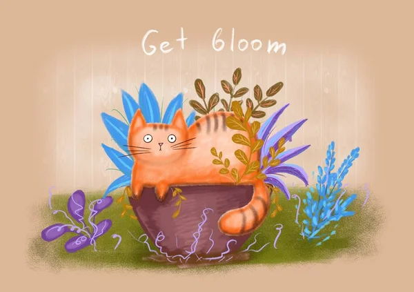 Söt Ingefära Katt Sitter Blomkruka Digital Handritad Illustration — Stockfoto