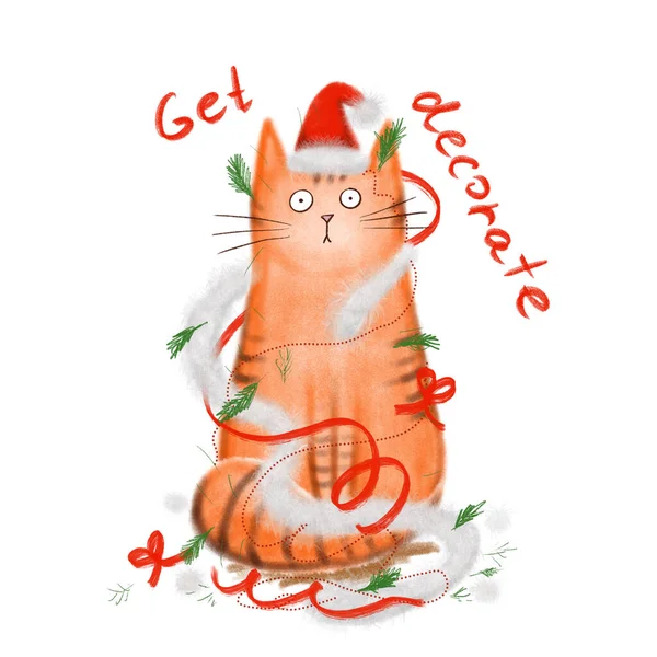 Leuke Gember Kat Kerstboom Kerstkaart Digitale Handgetekende Illustratie — Stockfoto