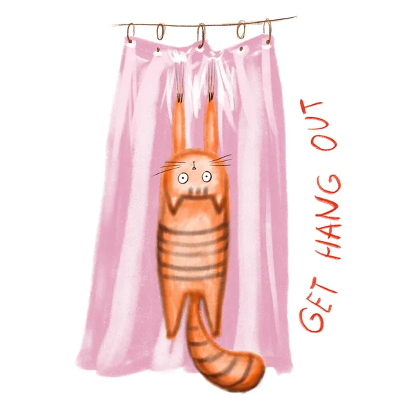 Cute Ginger Cat Hanging Curtain Digital Hand Drawn Illustration — Stock Photo, Image