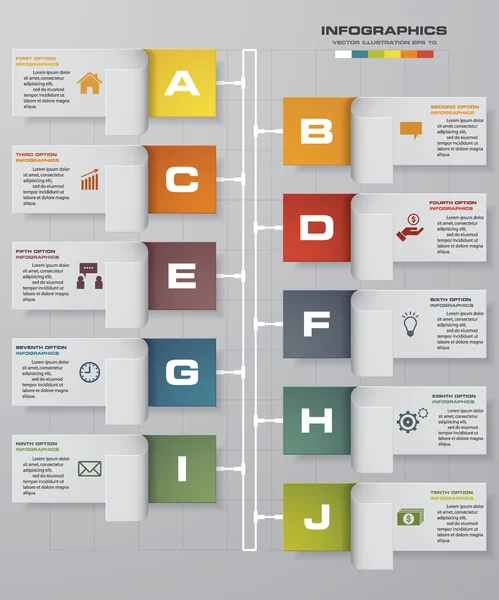 Linha do tempo infográfico10 passos modelo de design vetorial. Pode ser usado para processos de fluxo de trabalho, banner, diagrama, opções de número, linha do tempo, plano de trabalho, web design . — Vetor de Stock