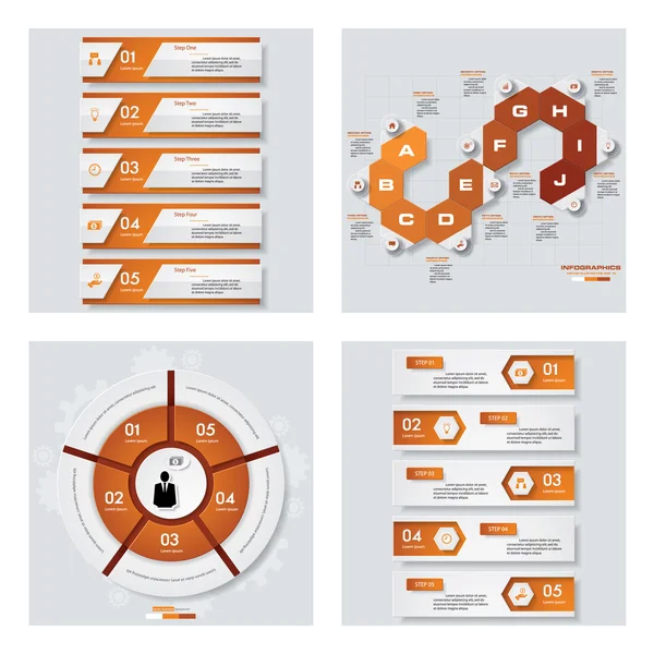 Sammlung von 4 orangefarbenen Vorlagen / Grafiken oder Webseiten-Layouts. Vektorhintergrund. — Stockvektor