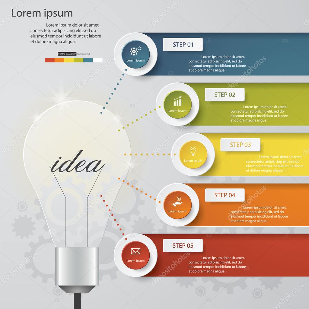 Design Business Chart 5 Steps Diagram in Light Bulb Shape.
