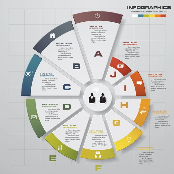 Infografik-Design-Vorlage und Geschäftskonzept mit 10 Optionen, Teilen, Schritten oder Prozessen. kann für das Workflow-Layout verwendet werden. — Stockvektor