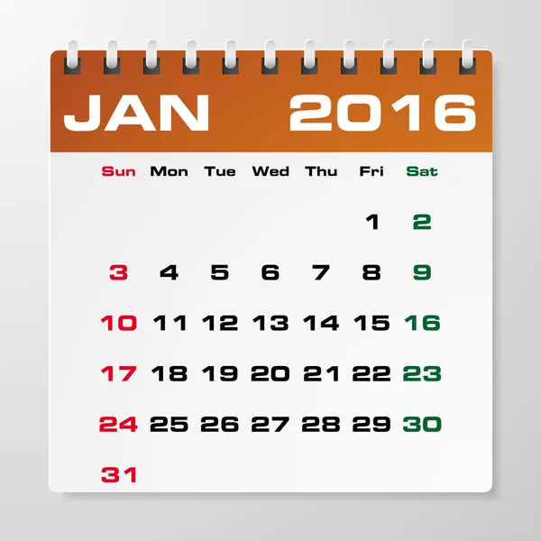 Enkel 2016 kalender med ledigt utrymme för din exempeltext: januari 2016 — Stock vektor