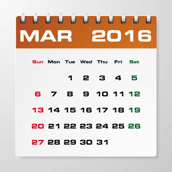 Enkel 2016 kalender med ledigt utrymme för din exempeltext: mars 2016 — Stock vektor