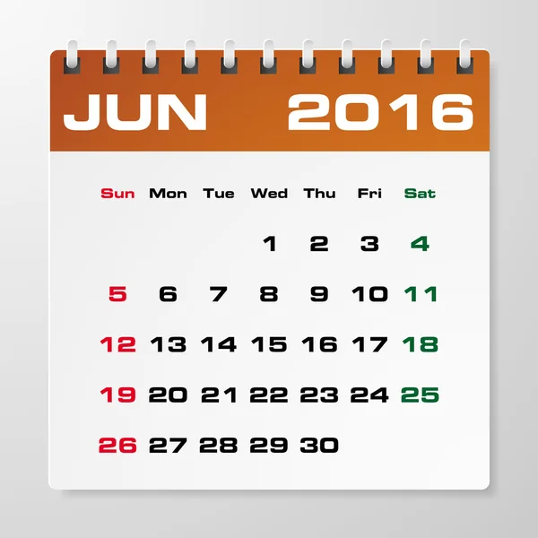 Enkel 2016 kalender med ledigt utrymme för din exempeltext: juni 2016 — Stock vektor