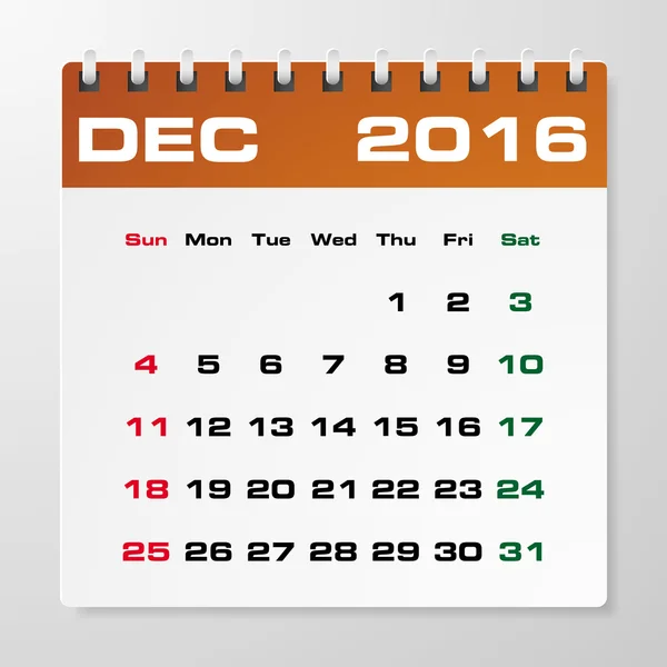 Enkel 2016 kalender med ledigt utrymme för din exempeltext: December 2016 — Stock vektor