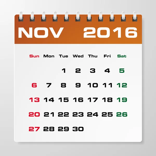 Einfacher Jahresvektorkalender 2016 mit freiem Speicherplatz für Ihren Beispieltext: November 2016 — Stockvektor