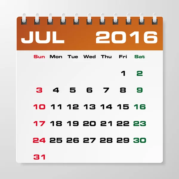 Calendario simple 2016 con espacio libre para el texto de muestra: julio 2016 — Vector de stock