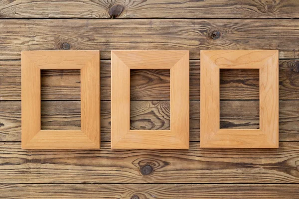 Drie Houten Frame Fotolijst Houten Achtergrond Kopieerruimte Design Interieur — Stockfoto