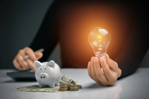 Kumbaralı bir ampul, bir dolar banknot, bozuk paralar. Gelecek için para yönetimi, Kişisel Mali Yönetim ve Tasarım kavramı.