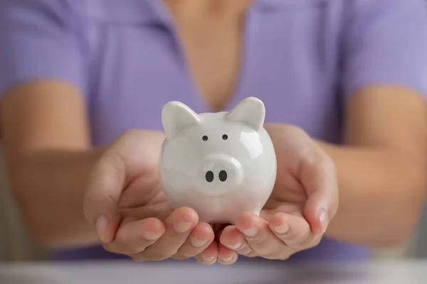 Woman Hand Holding White Piggy Bank Saving Money Deposit Money — Stock Photo, Image