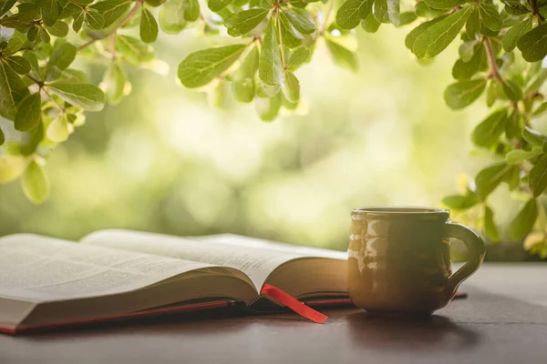 Günlük, iş ve eğitim konsepti. Yeşil yaprağın taze doğası üzerine kitap ve kahve fincanı. Yeşil arkaplan, doğa ve güneş ışığıyla bulanık..