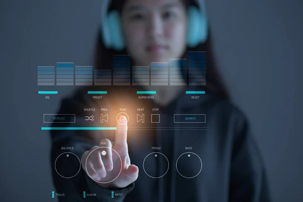 Female hand touching the button play user interface elements for music player and put on headphones, UI Elements, Navigation and audio components, search bar gui templates, Equalizer settings.