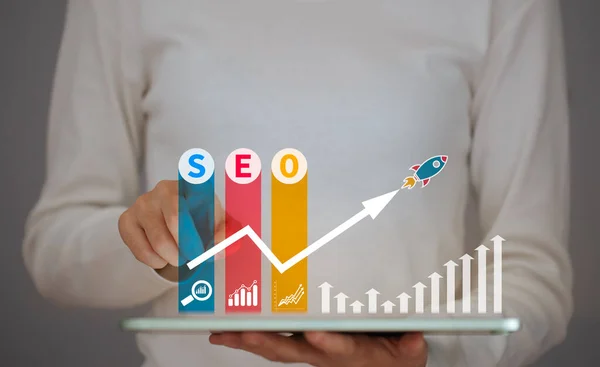 Seo Search Engine Optimization Concepto Para Promover Tráfico Ranking Sitio — Foto de Stock