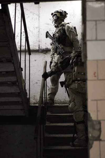 two guys in american military uniform stand on the stairs, airsoft sports game, military forces simulation