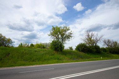 Yol kenarı ve güzel bulutlu gökyüzü araba penceresinden hareket ediyor.