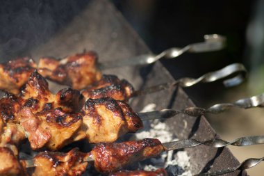 Izgarada pişmiş güneşli bir günde şişte ızgara et yemek.