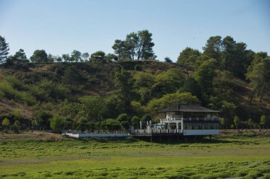 Kuru bir nehir yatağına bakan yeşil ağaçlarla ve küçük bir pavyonla manzaralı dağ manzarası, yaz sonlarında sakin bir yol boyunca çekildi. Açık mavi gökyüzü olan doğa manzaralı, 29 Ağustos 2025. Yunanistan