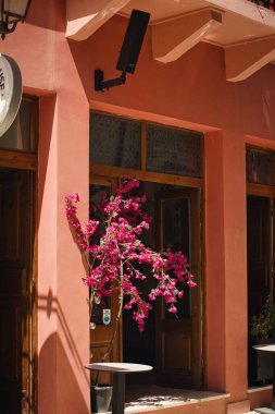 Vlor, Arnavutluk 20 Ağustos 2025: Yoğun yaz güneşinin altında, renkli sokak dekorasyonlarını, ahşap panjurlarla geleneksel mimariyi ve dar alanda yürüyen turistleri gösteren, tarihi eski kentte canlı bir gün ortası sahnesi.