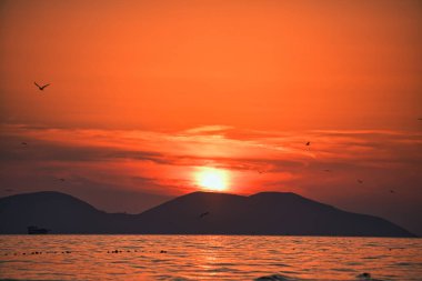 Vlora, Arnavutluk 21 Ağustos 2025. Adriyatik Denizi 'nin üzerinde sakin bir günbatımı. Sıcak altın ışık, yumuşak dalgalar ve uzak dağ siluetleri arasında yansıyor..