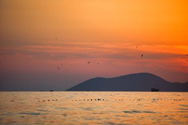 Vlora, Arnavutluk 21 Ağustos 2025. Adriyatik Denizi 'nin üzerinde sakin bir günbatımı. Sıcak altın ışık, yumuşak dalgalar ve uzak dağ siluetleri arasında yansıyor..