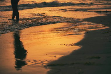 Arnavutluk 'un Vlora kenti 21 Ağustos 2025: Altın gün batımı ışığı, yumuşak dalgaların sahili yıkadığı ıslak kıyı şeridine yansıyor