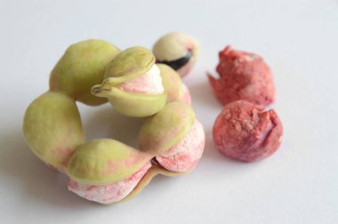 Beyaz arkaplanda Manila tamarind meyvesinin odak noktasını seç