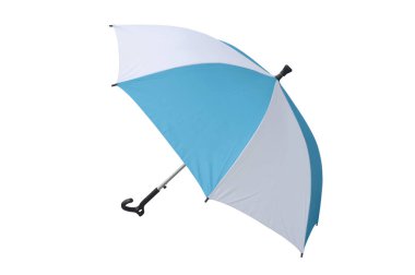 Modern mavi ve beyaz şemsiye beyaz arka planda izole edilmiş. Üst görünüm.