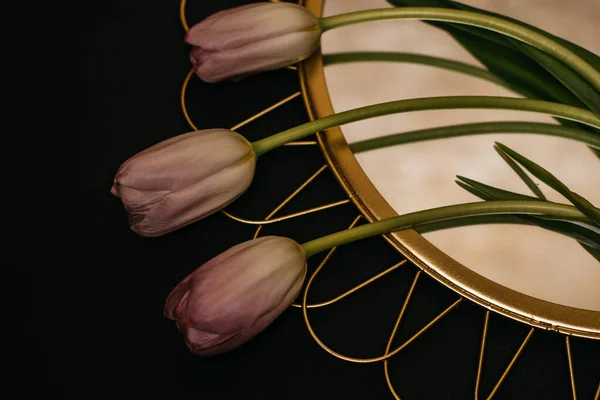Drie roze tulpen op vergulde spiegel op zwart — Stockfoto
