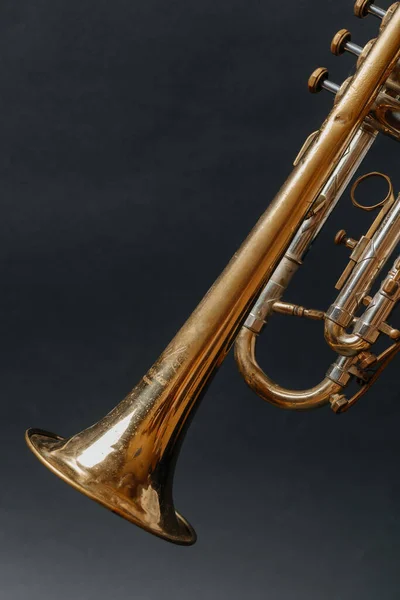 Trompeta de oro. instrumento musical. campana de trompeta sobre fondo negro — Foto de Stock