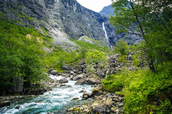 El río al pie de la montaña rodeado de bosque  . — Foto de Stock