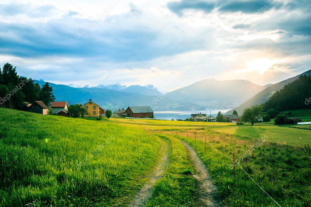 Sunset overlooking the mountains and the Norwegian fjords