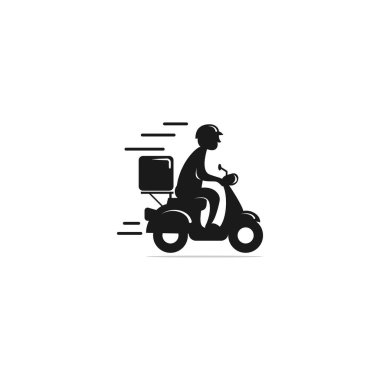 Scooter kullanan bir kuryenin vektör çizimi, teslimat logosu, nakliyat, siluet sürüş, sembol şablonu